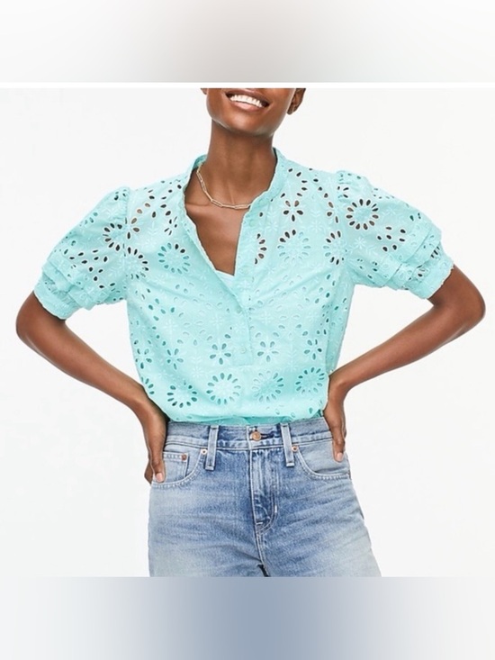 J. Crew Tops - J.Crew Aqua Mint Eyelet Puff Sleeve Button Up Top S Boho Cottagecore